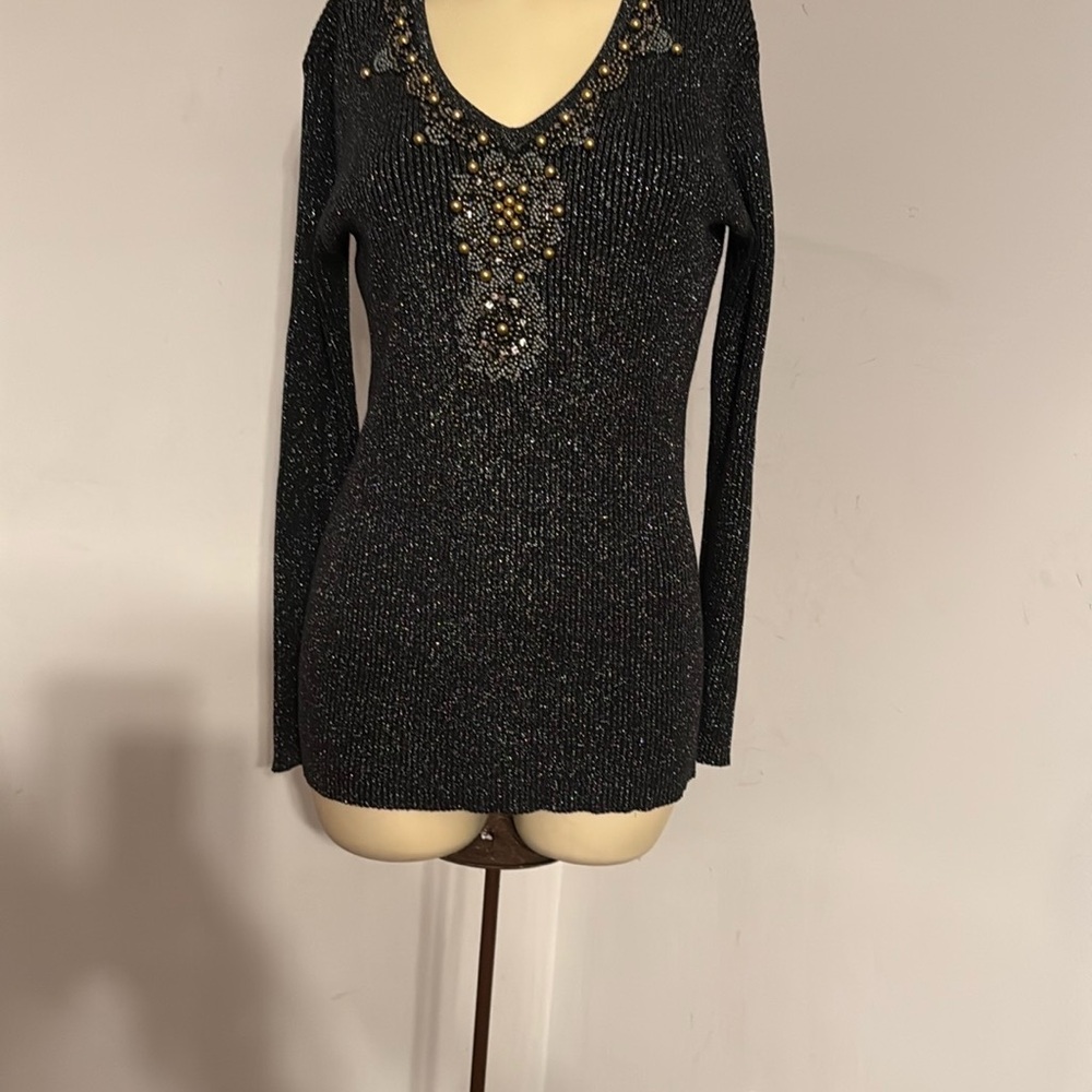 Black Beaded V-Neck Sweater